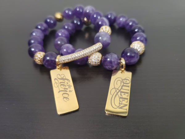 Natural Purple Amethyst and Gold Crystal Bracelet Set