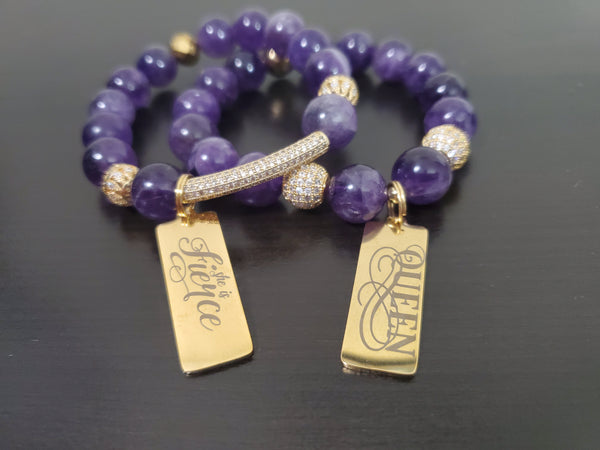 Natural Purple Amethyst and Gold Crystal Bracelet Set