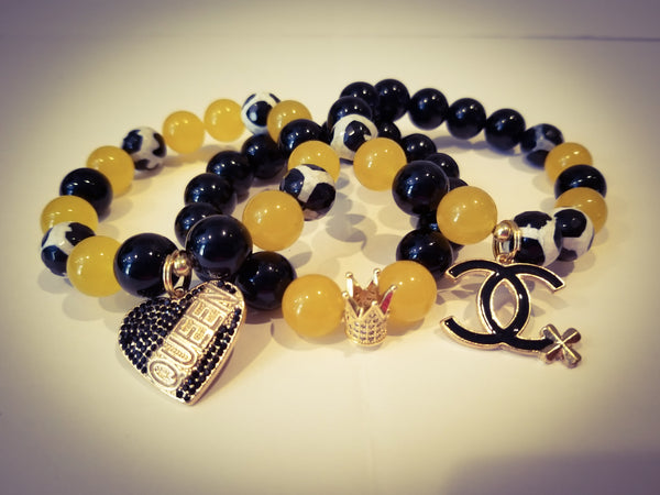 Yellow Jade, Black & White Agate and Agate Bracelet Set