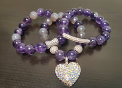 Natural Purple Amethyst and Grey Agate Crystal Bracelet Set