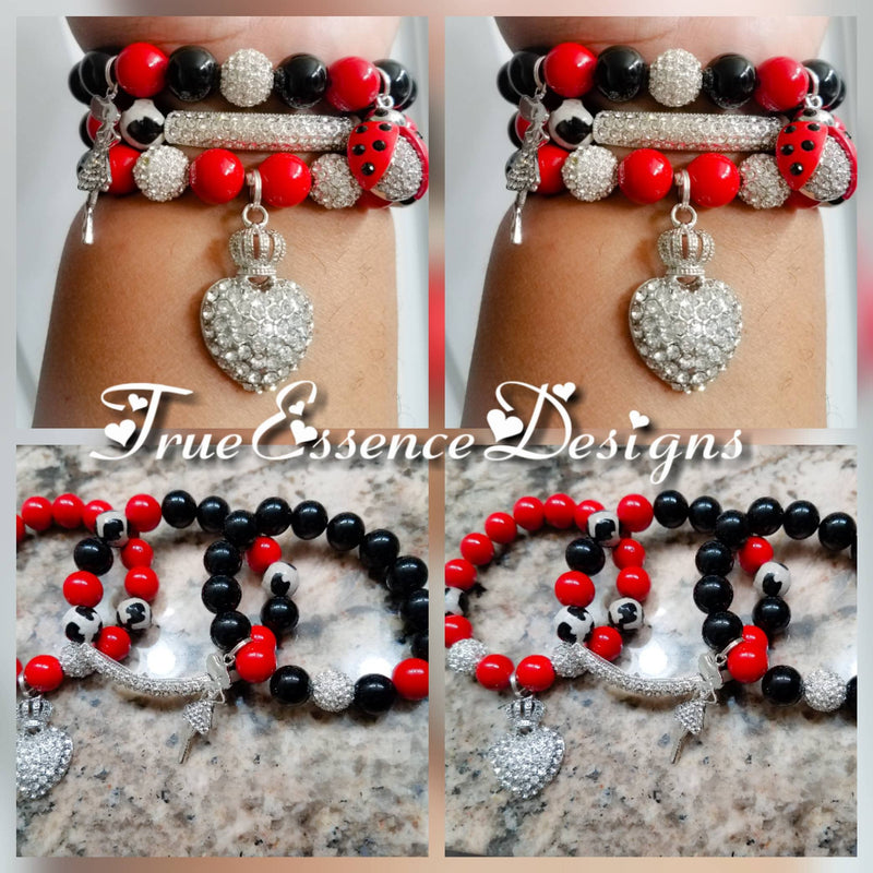 Red Jade, Black & White Agate and Black Onyx Pave Crystal Bracelet Set