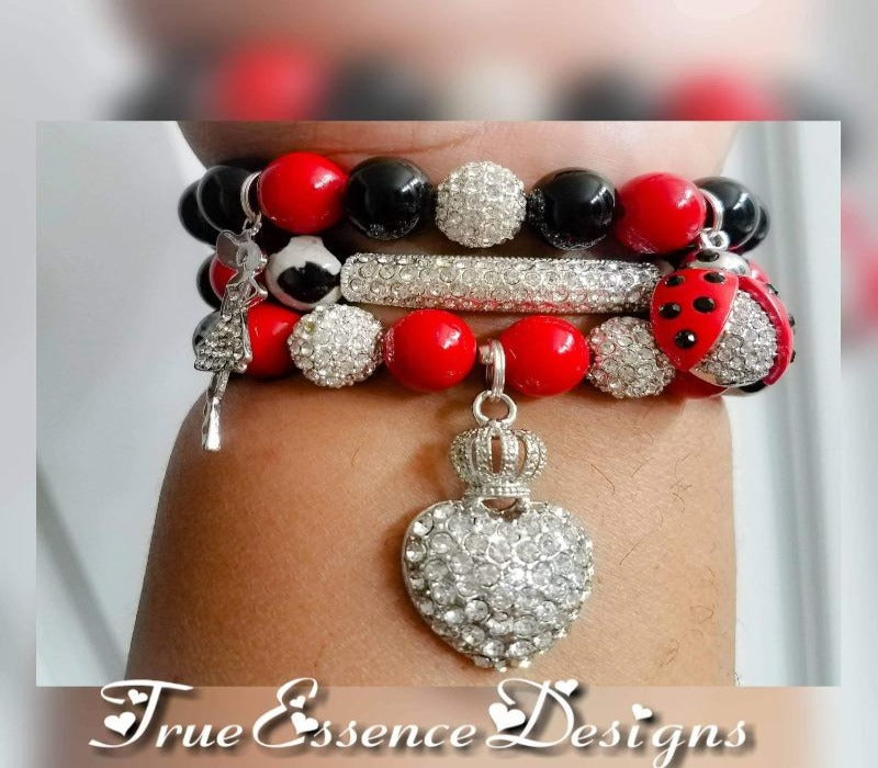 Red Jade, Black & White Agate and Black Onyx Pave Crystal Bracelet Set