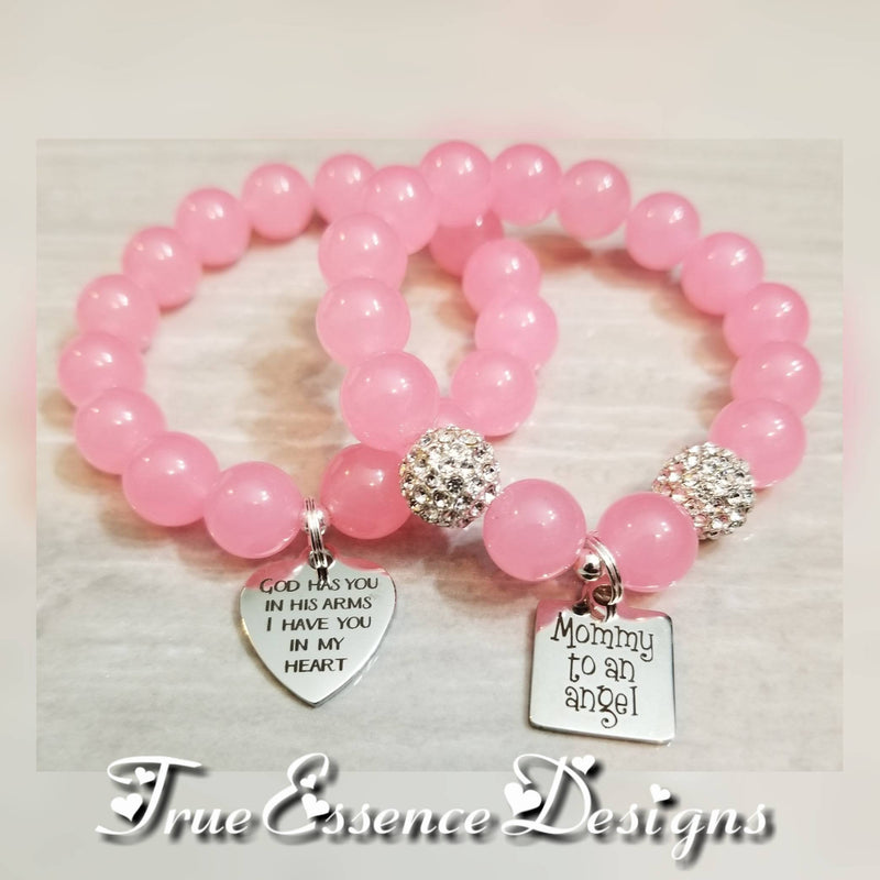 Pink Jade Mommy to an Angel Memorial Bracelet Set