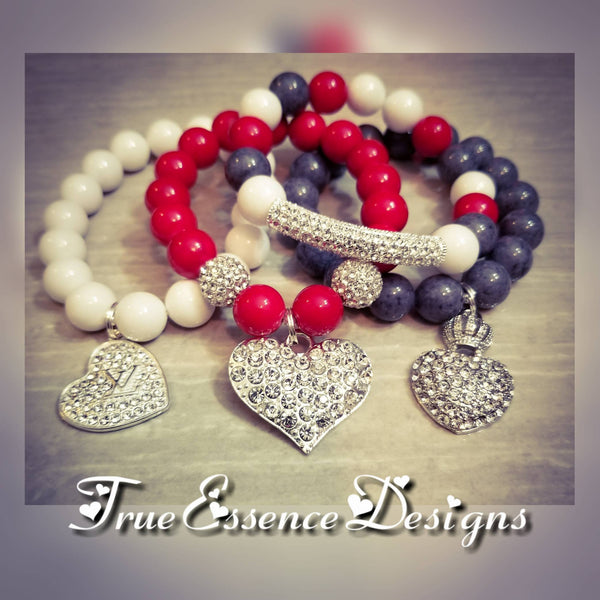 Red, White & Gray Bracelet Set made with Jade Gemstones Hearts