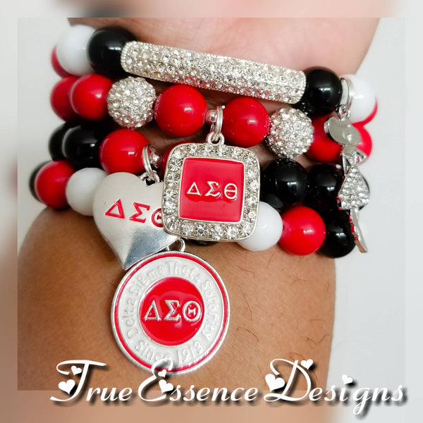 Delta Sigma Theta Sorority Bracelet Set made with Jade Gemstones and Micro Pave Crystal Black Onyx, White. Red Jade