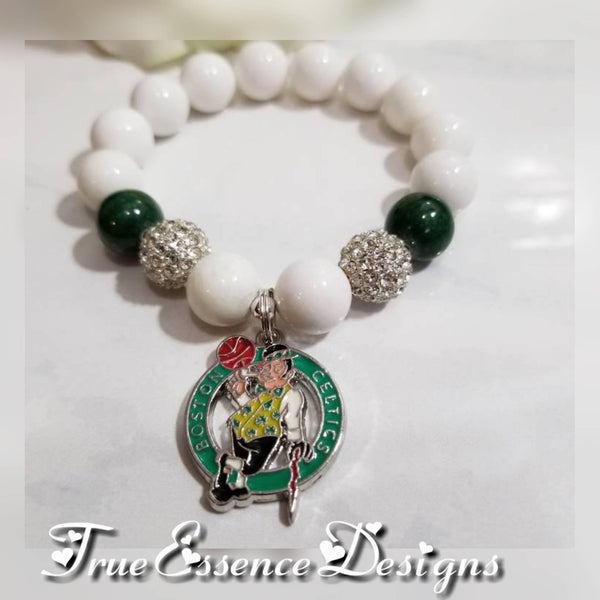 Boston Celtics Bracelet Stack made w/ Green and White Jade with Crystal Bling Balls