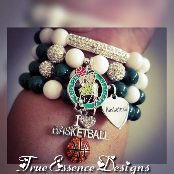 Boston Celtics Basketball Bracelet Stack made w/ Green and White Jade with Crystal Bling Balls