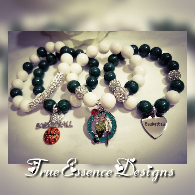 Boston Celtics Basketball Bracelet Stack made w/ Green and White Jade with Crystal Bling Balls