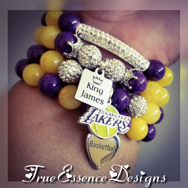 LA Lakers King James Basketball Bracelet made w/ Purple and Yellow Jade and Crystal