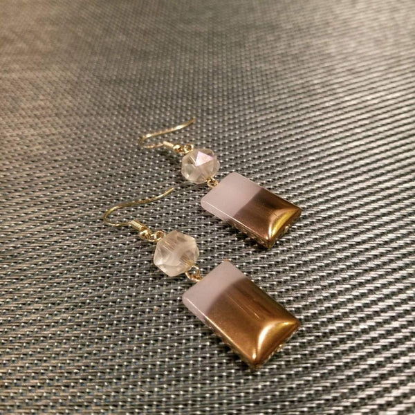 Gold and White Agate Gemstone Dangle Earrings