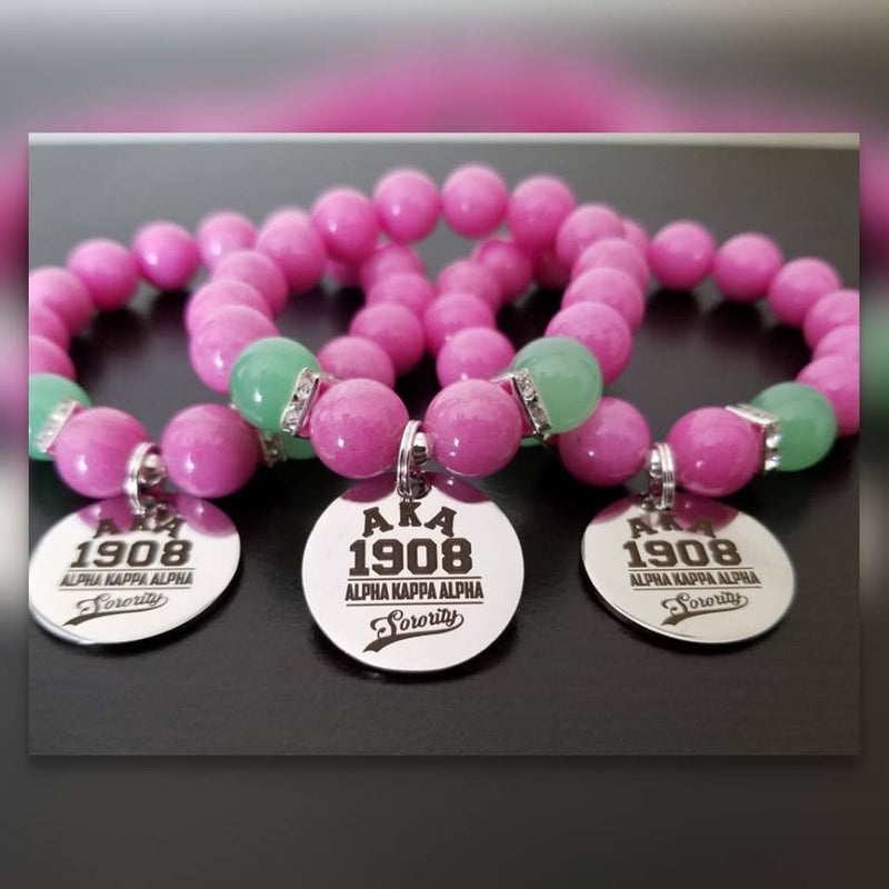 Alpha Kappa Alpha AKA Sorority Bracelet Made W/ Pink and Green Jade  (1 Bracelet)