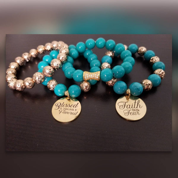 Teal Jade and Gold Hematite Bracelet Set ( 4 Pieces)