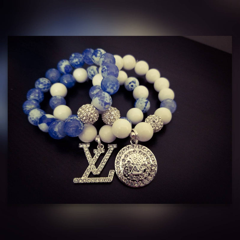 White and Blue Bracelet Set w/ Bling Pave Crystal